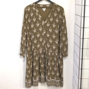 Garnet Hill 2020 Drop Waist Olive Green Floral Baby Doll Button Up Shirt Dress